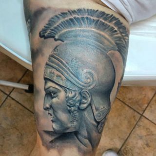 3D Achilles Warrior Head Tattoo Design For Bicep