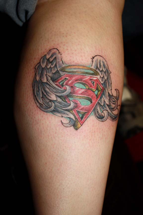 3D Superman Logo With Angel Wings Tattoo On Leg Calf