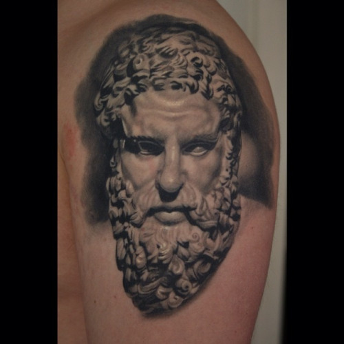 Achilles Head Statue Tattoo On Man Left Shoulder