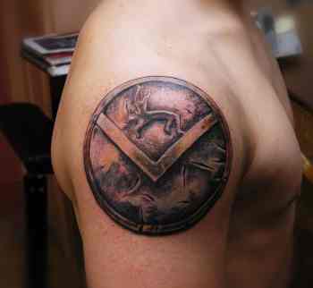 Achilles Shield Tattoo On Right Shoulder