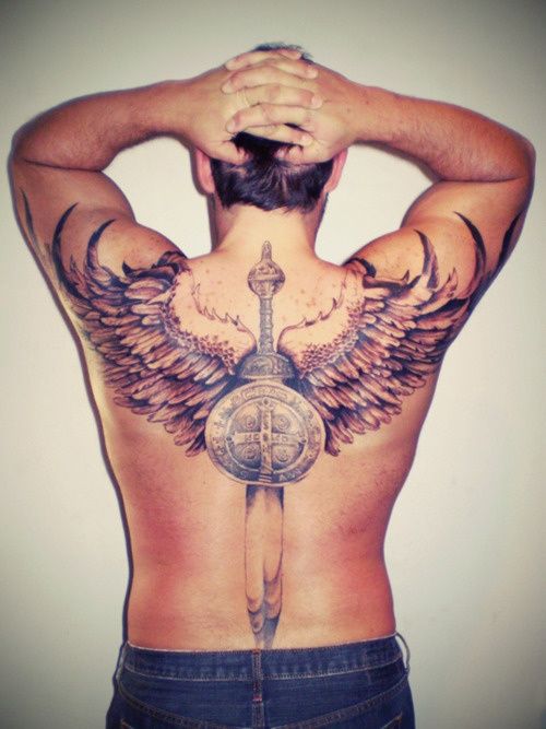 Achilles Sword And Shield With Wings Tattoo On Man Full Back