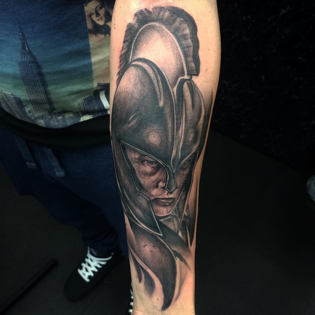 Achilles Warrior Head Tattoo On Forearm