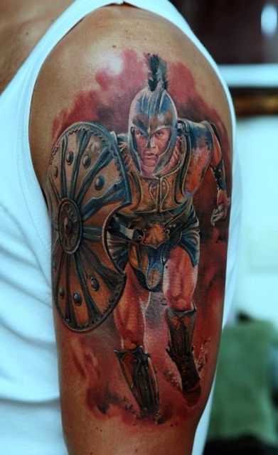 Achilles Warrior Tattoo On Man Left Half Sleeve