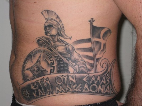 Achilles Warrior With Flag And Banner Tattoo On Man Side Rib