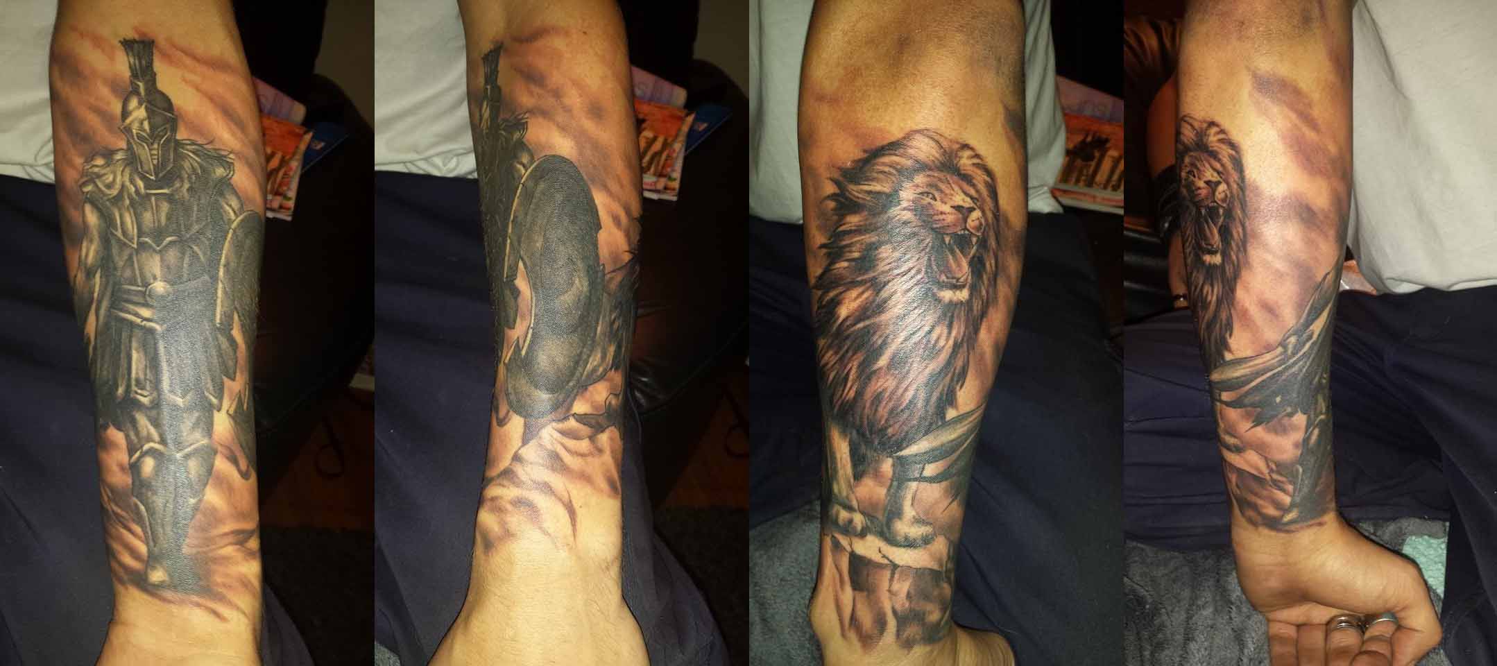 Achilles Warrior With Lion Tattoo On Forearm