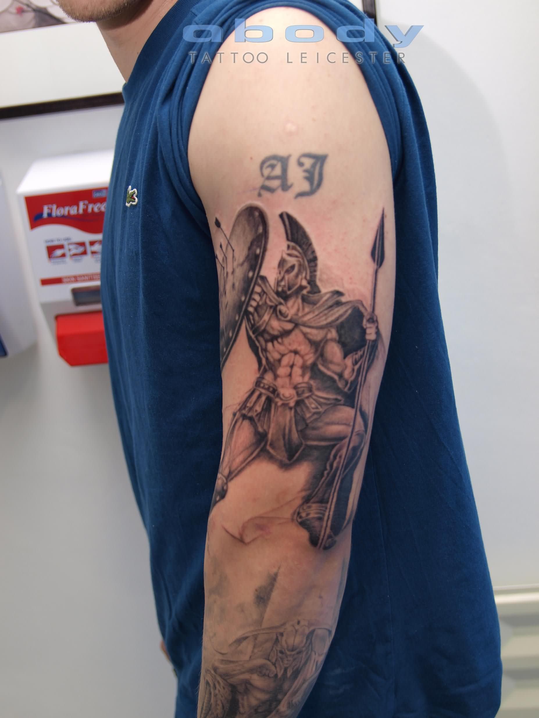 Amazing 3D Achilles Warrior Tattoo On Man Left Half Sleeve