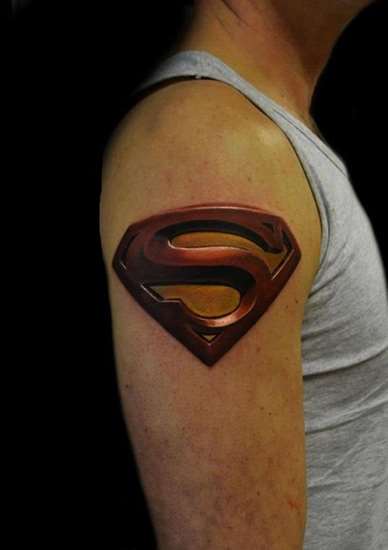 Amazing 3D Superman Logo Tattoo On Man Right Shoulder