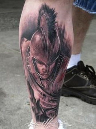 Amazing Achilles Warrior Tattoo On Leg Calf