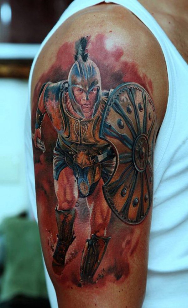 Amazing Achilles Warrior Tattoo On Man Right Half Sleeve
