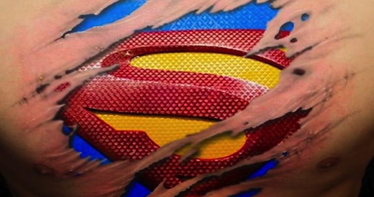 Amazing Colorful Ripped Skin Superman Logo Design For Chest