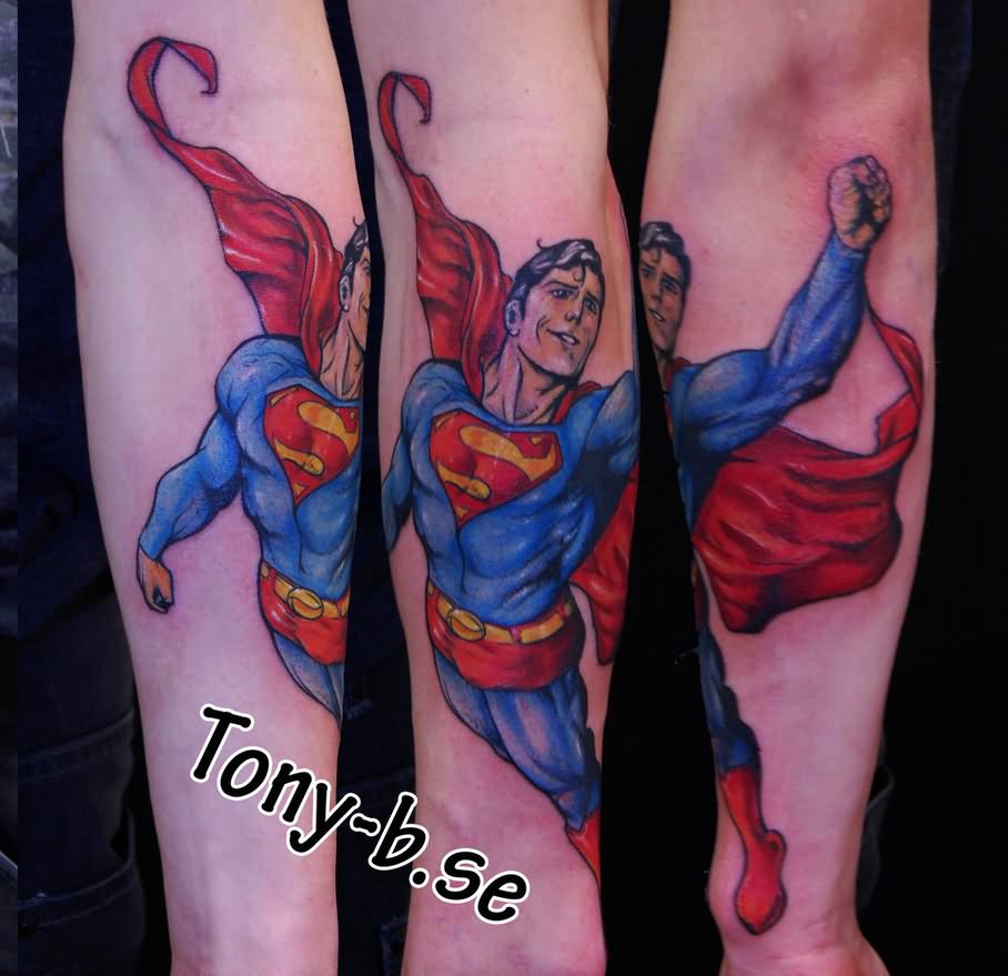 Amazing Colorful Superman Tattoo On Forearm