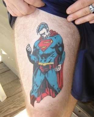Amazing Colorful Superman Tattoo On Thigh