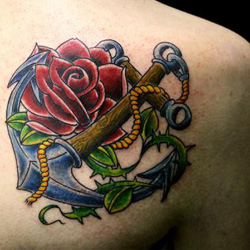 Anchor And Rose Flower Tattoo On Back Shoulder