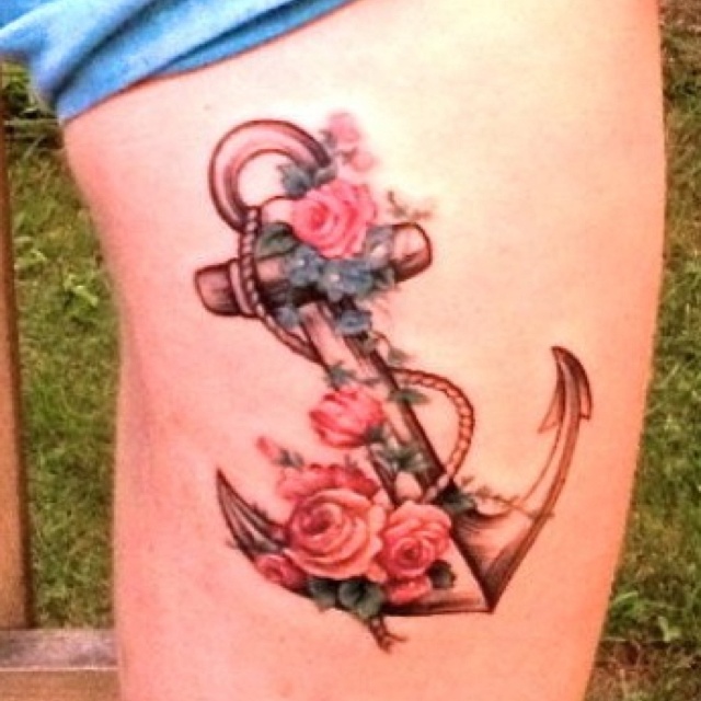 Anchor Tattoo With Pink Rose Flowers