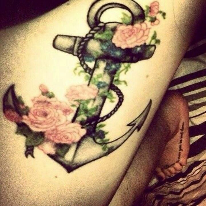 Anchor With Flowers Tattoo On Thigh