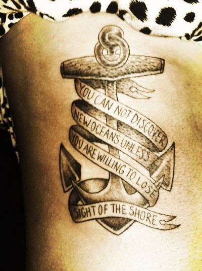 Anchor With Quote Banner Tattoo On Side Rib