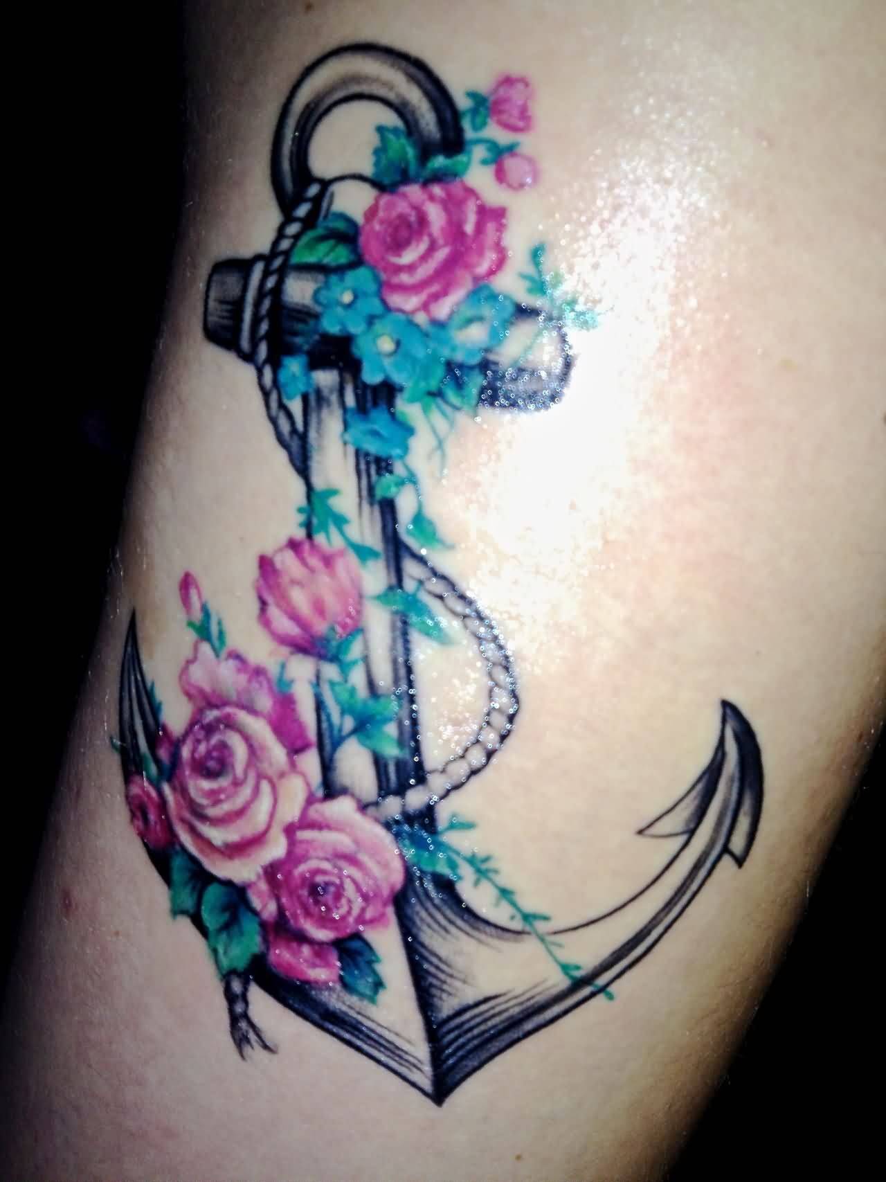 Anchor With Rose Flowers Tattoo