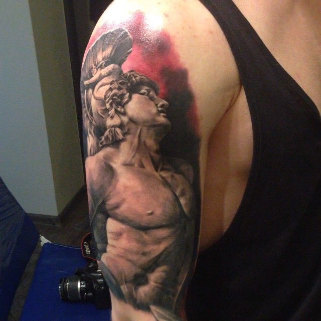 Awesome Achilles Tattoo On Man Right Half Sleeve