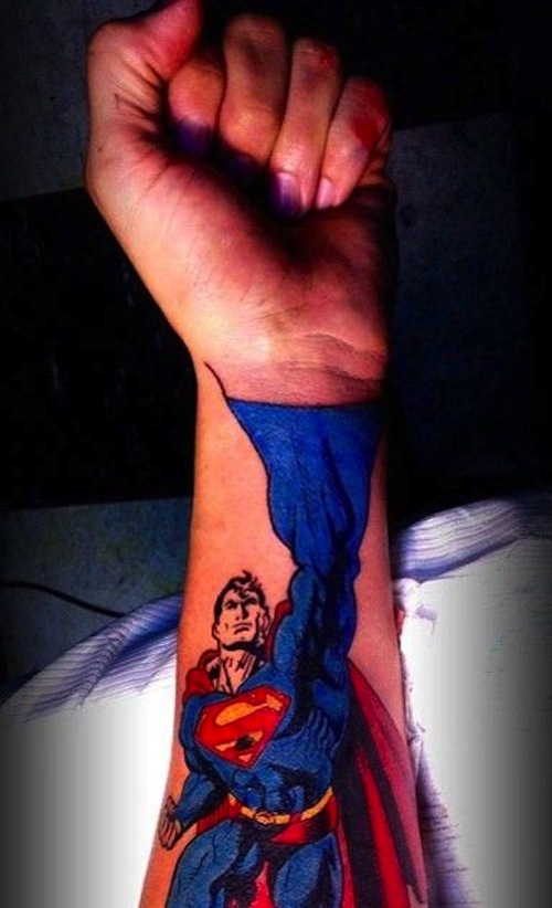 Awesome Colorful Superman Tattoo On Forearm