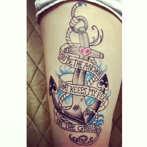 Banner And Anchor Tattoo On Thigh For Girls