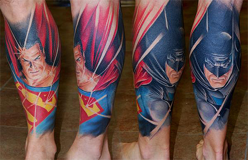 Batman And Superman Tattoo Design For Leg