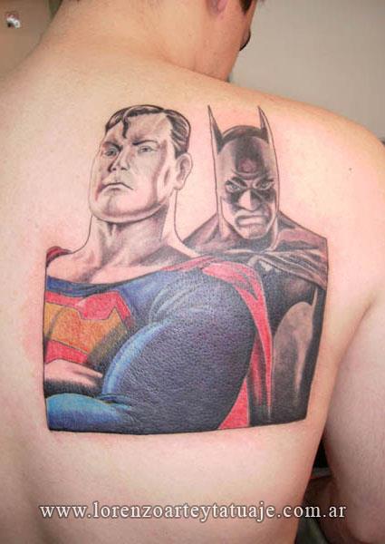 Batman And Superman Tattoo On Man Right Back Shoulder