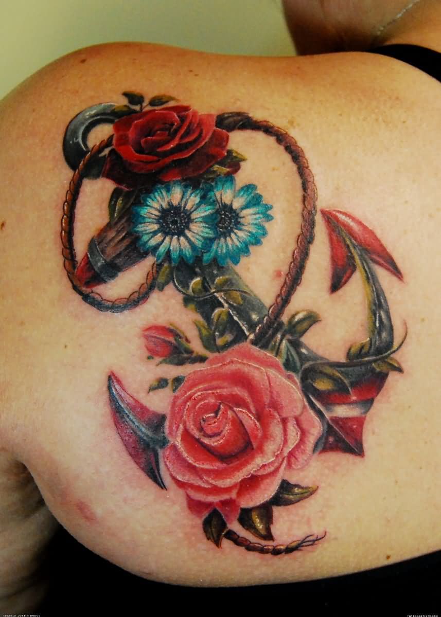 Beautiful Anchor Tattoo With Flowers On Back Shoulder