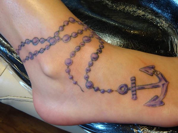 Beautiful Rosary Anchor Tattoo On Right Foot