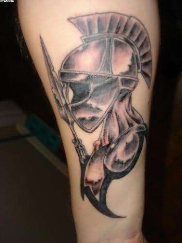 Black And Gery Achilles Mask Tattoo Design For Forearm