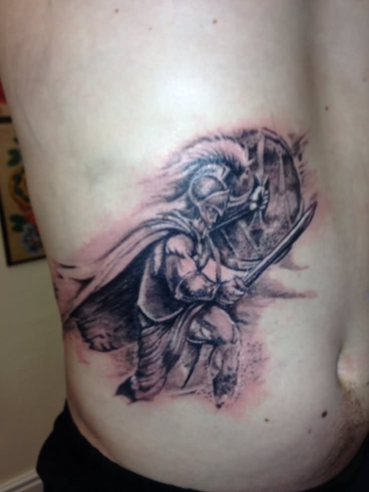 Black And Grey Achilles Tattoo On Man Side Rib