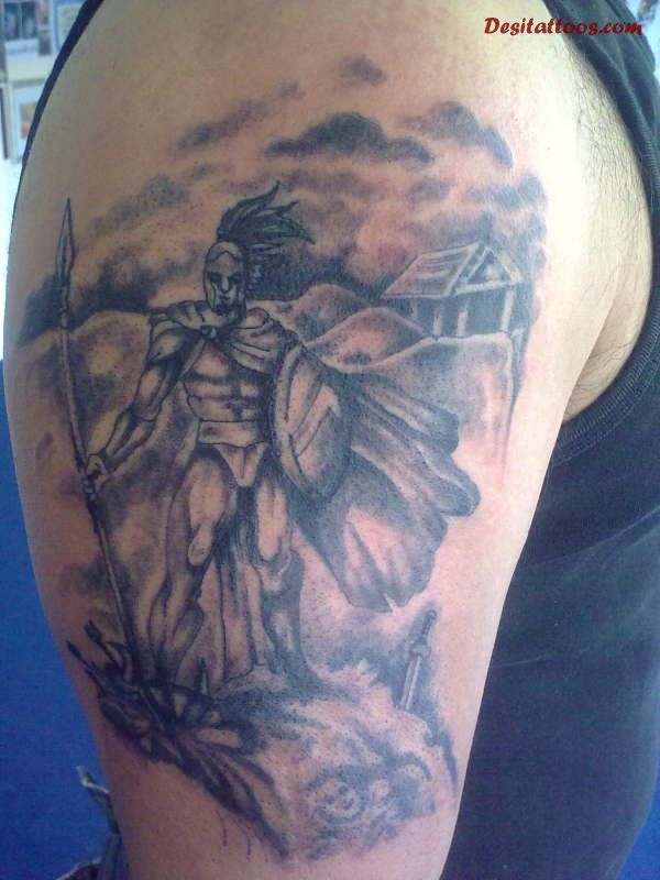 Black And Grey Achilles Warrior Tattoo On Left Half Sleeve
