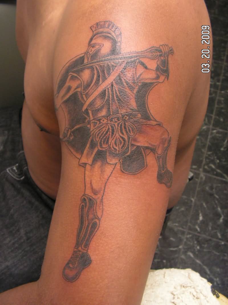 Black And Grey Achilles Warrior Tattoo On Man Left Half Sleeve