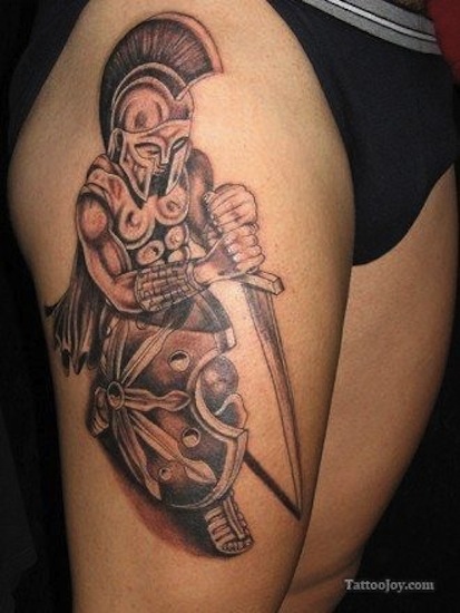 Black And Grey Achilles Warrior Tattoo On Thigh