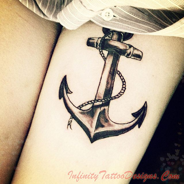 Black And Grey Anchor Tattoo On Girl Left Thigh
