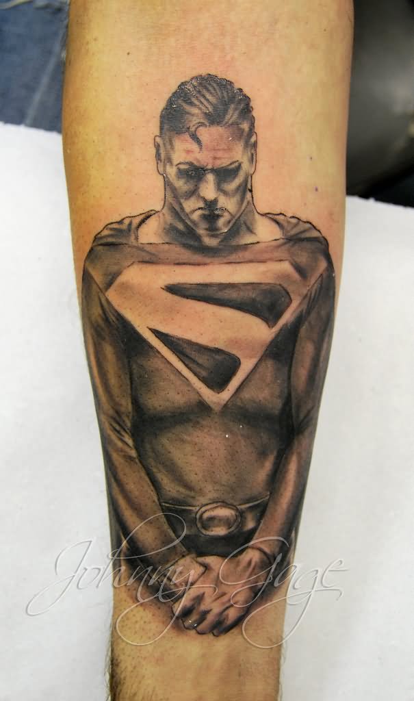 Black And Grey Superman Tattoo Design For Forearm By Johnny Gage