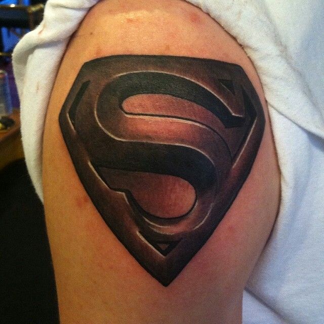 Black Ink 3D Superman Logo Tattoo On Right Shoulder