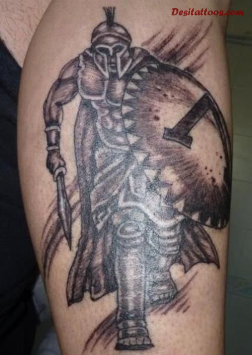Black Ink Achilles Warrior Tattoo On Leg Calf