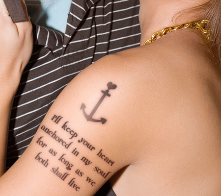 Black Ink Anchor With Quote Tattoo On Left Shoulder
