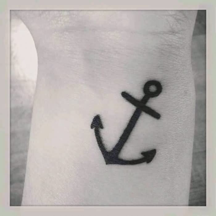 Black Simple Anchor Tattoo On Left Wrist