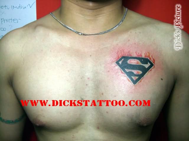 Black Superman Logo Tattoo On Man Left Front Shoulder By Dicky