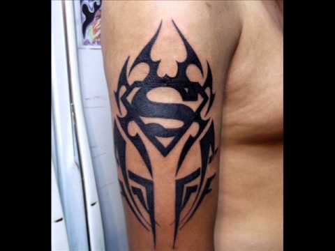 Black Tribal Superman Logo Tattoo On Right Half Sleeve