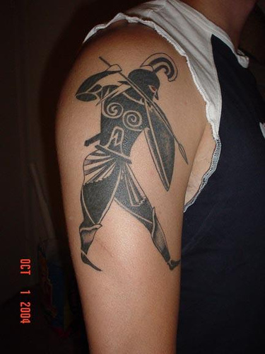 Blackn Achilles Warrior Tattoo On Man Right Shoulder By Erica Liu