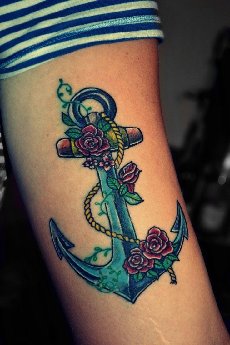 Blue Anchor With Red Rose Flowers Tattoo On Arm
