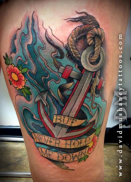 But Never Hold Me Down Banner And Anchor Tattoo On Side Thigh