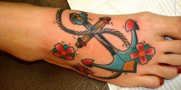 Cherry Blossom Flowers And Anchor Tattoo On Right Foot