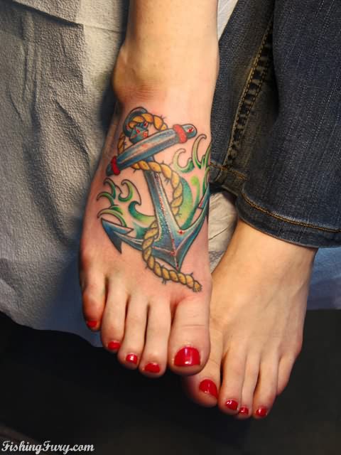 Color Ink Anchor With Rope Tattoo On Girl Right Foot
