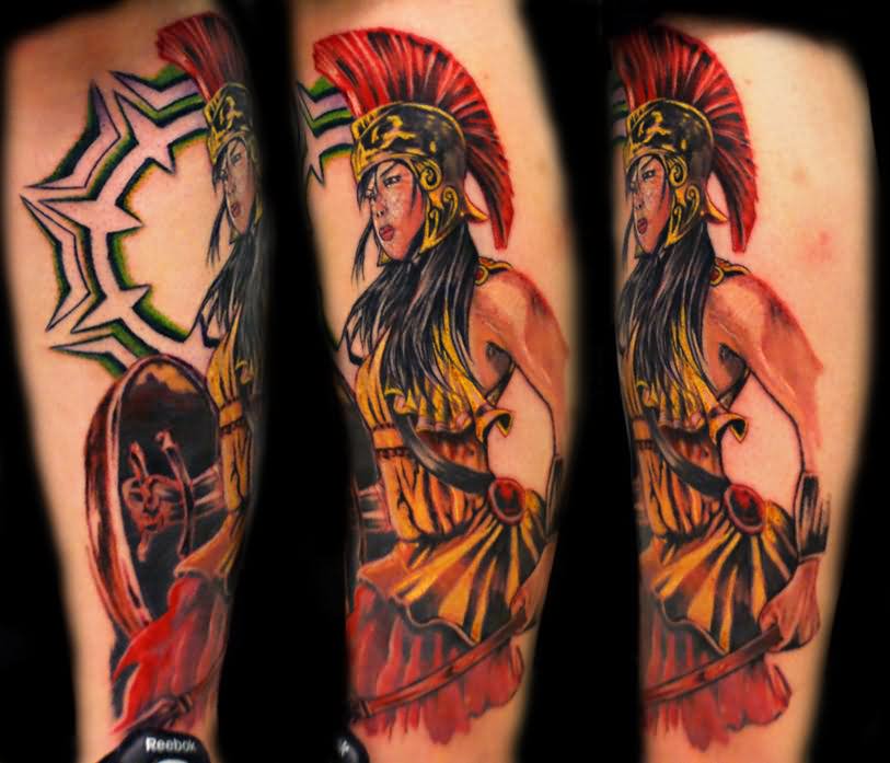 Colorful Achilles Warrior Girl Tattoo Design For Leg