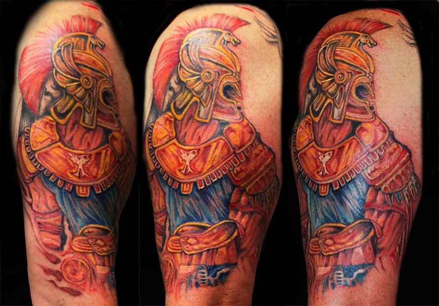 Colorful Achilles Warrior Tattoo Design For Half Sleeve