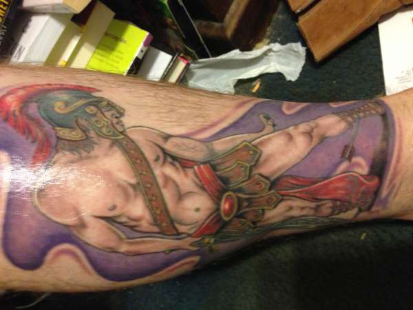 Colorful Achilles Warrior Tattoo Design For Leg