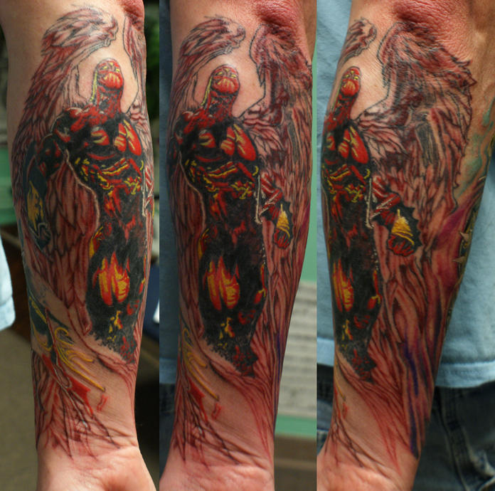 Colorful Achilles With Wings Tattoo On Forearm